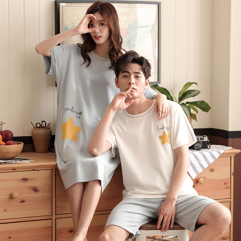 2 sets of price lovers' pajamas summer cotton men's home wear set korean version lovely nightdress women's short sleeve thin net red