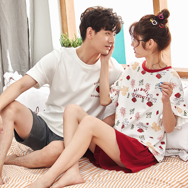 2 sets of price lovers' pajamas summer cotton men's home wear set korean version lovely nightdress women's short sleeve thin net red