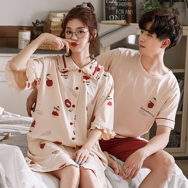 2 sets of price lovers' pajamas summer cotton men's home wear set korean version lovely nightdress women's short sleeve thin net red