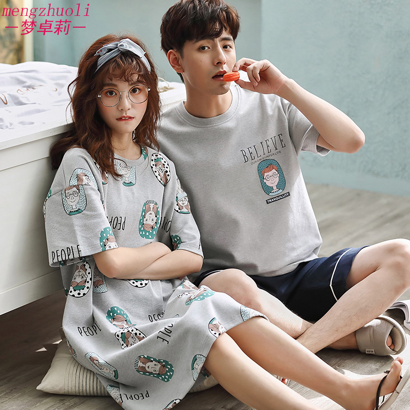 2 sets of price lovers' pajamas summer cotton men's home wear set korean version lovely nightdress women's short sleeve thin net red