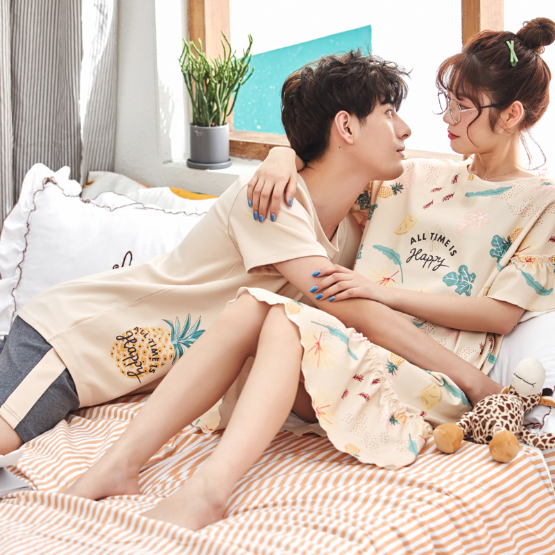2 sets of price lovers' pajamas summer cotton men's home wear set korean version lovely nightdress women's short sleeve thin net red