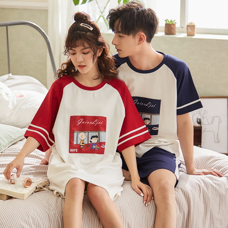 2 sets of price lovers' pajamas summer cotton men's home wear set korean version lovely nightdress women's short sleeve thin net red