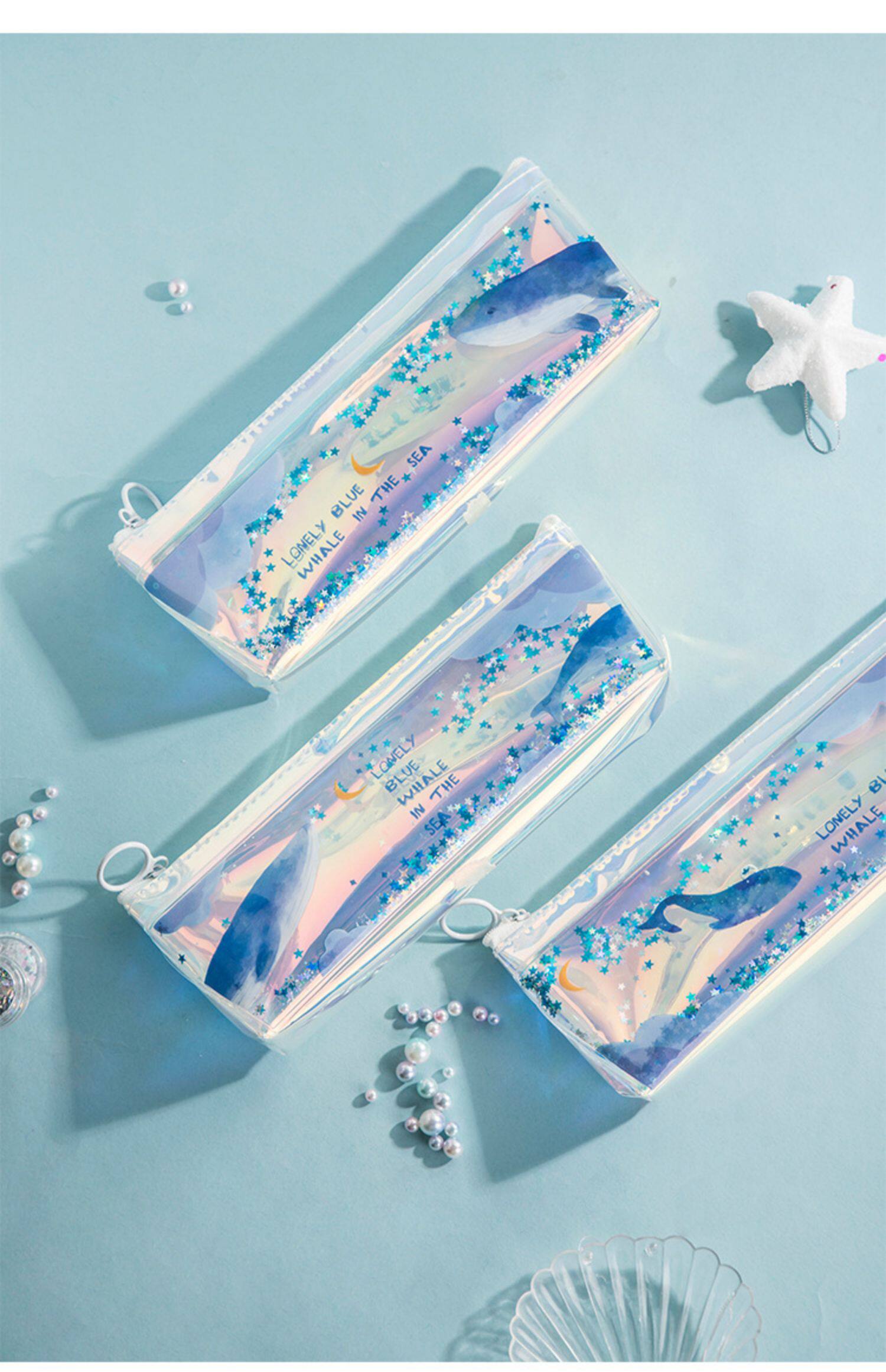 欧伦创意炫彩镭射入油液体流沙笔袋个性星球笔盒中小学生女简约韩版