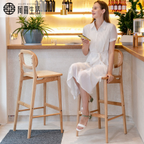 A rain life Nordic solid wood rattan woven bar stool modern simple lonely wind home back bar chair high stool