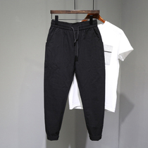 Pants men Korean version of the trend winter New personality striped slim foot pants Tide brand Joker toe plus velvet trousers