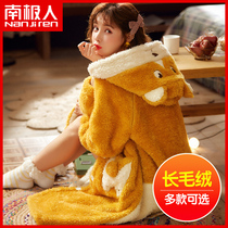 South Pole Coral Suede Sleeping Gown Lady Autumn Winter Mid long style Garnapped thick plush pyjamas can be worn outside the flannel home clothes