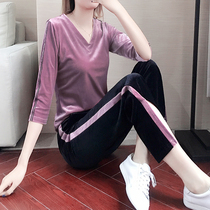 2021 Spring and Autumn New Gold Velvet Leisure Sports Set Womens Wide Leg Pants Korean Loose Fashion Sweater Two-piece Set