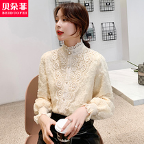 High-neck lace princess style bottoming shirt womens autumn and winter with velvet and thickening to keep warm 2020 Western style all-match top clothes