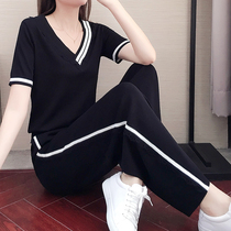 TOUCH MISS Korean version of the new Western style short-sleeved sweater casual wide-leg pants two-piece sportswear suit women