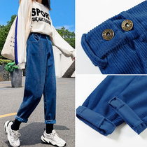 Blue Corduroy pants children 2021 new spring and autumn winter plus velvet Haren pants radish stripy womens pants