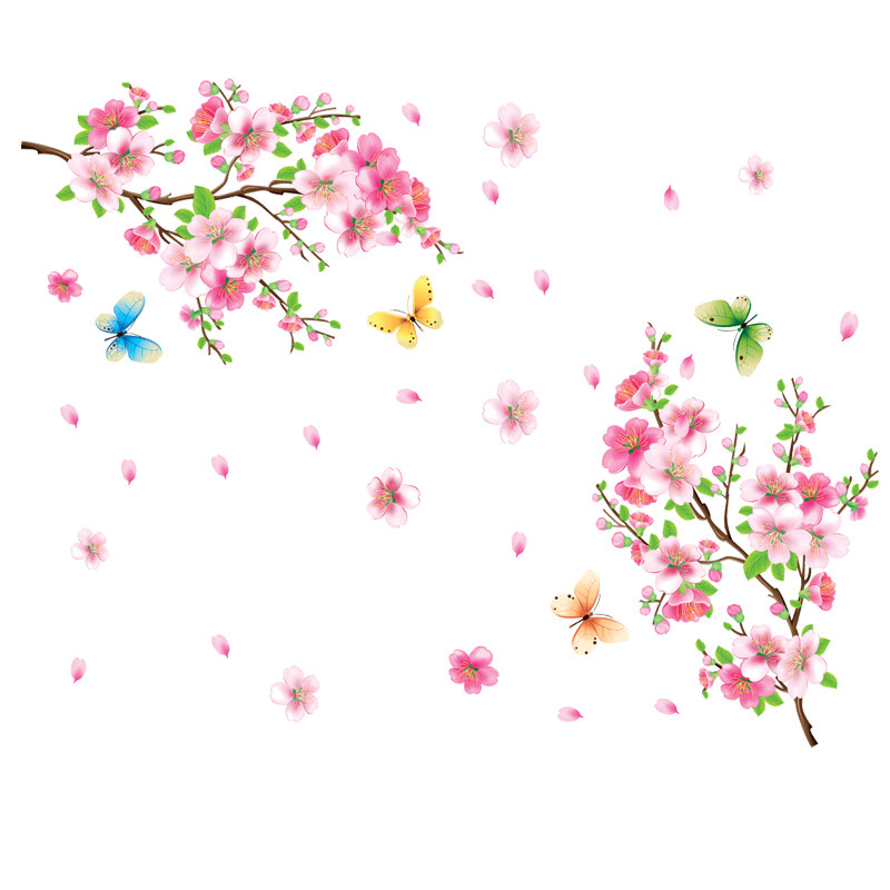 桃花风景画墙贴卧室衣柜贴纸客厅中国风装饰电视背景墙面自粘贴画