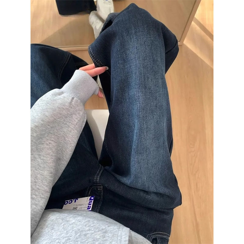 大码胖mm蓝灰色直筒牛仔裤女秋冬加绒加厚高腰宽松显瘦垂感阔腿裤