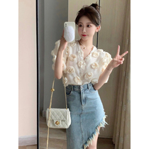 2022 summer French style V collar Cubic flowers Short Shirt Woman Irregular Fur Side Denim two-piece suit