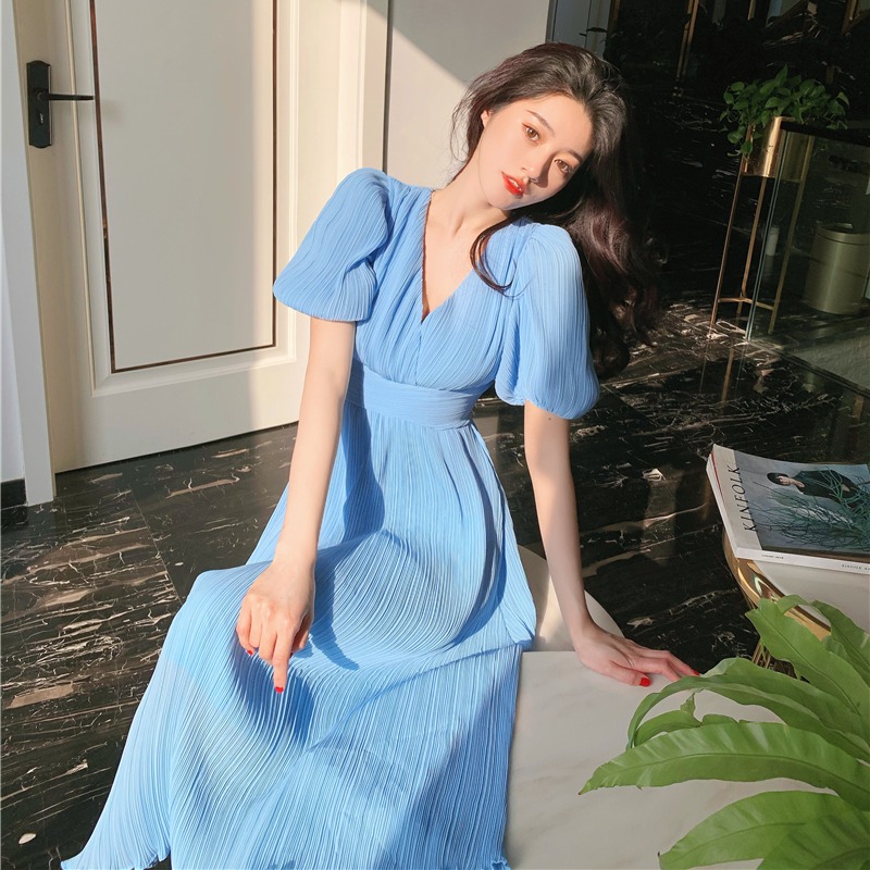 French maje21 new goddess fan temperament elegant blue V-neck waist thin bubble sleeve dress