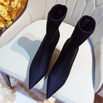 Display Slim Temperament Pointed High Heel Elastic Boots Woman Short Boot Fine Heel Socks Boots Autumn Winter Leica Black Plus Suede Slim Boots