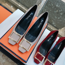 Temperament Square Head High Heel Shoe Woman Fine Heel Nude Color Wine Red Lacquer Leather Light Mouth Banana Heel Buttoned Single Shoe 7 8cm