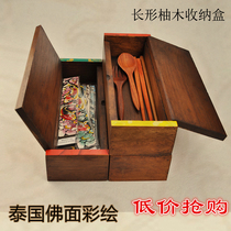 Thai teak wood crafts chopsticks tableware storage box treasure box jewelry box hand painted Buddha noodles retro elegant