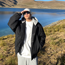 SANBAI three hundred autumn and winter hooded cotton coat mens youth tide thickened embroidered cotton coat mens loose winter coat