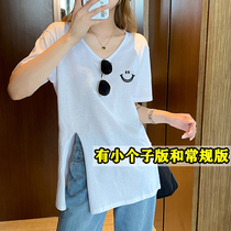 Pure cotton medium length V collar white T-shirt woman 2022 Summer new loose design Feel Pure Color Open Fork Short Sleeve Blouse Tide Dress