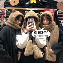 Winter warm Korean ins same bear ear scarf hat one lamb hair scarf cute girl