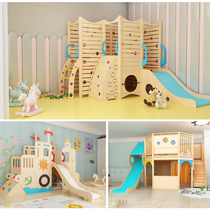Early Education Center wooden slide childrens corner loft game house kindergarten sensory training climbing drill hole combination