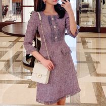 Pearl flower buckle tassel edge a character small fragrant wind 7 sleeve dress fashion socialite Korea spring new
