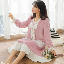 Nightdress women winter coral velvet Korean medium long sweet cute princess style thick flannel pajamas female autumn Hey