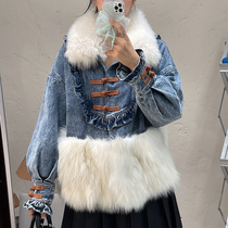 2022 new Haining fur pie overalls denim fox fur collar down jacket denim fur coat