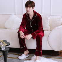 Golden velvet pajamas Autumn and winter mens suit Long-sleeved velvet youth year of life red wedding and winter velvet home service