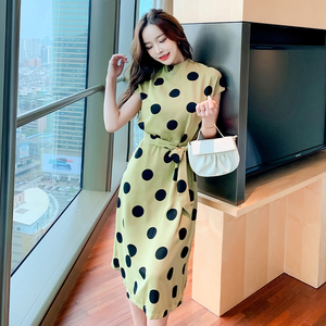 Korean version thin Avocado Green Dot Chiffon medium length lace up girlfriends dress