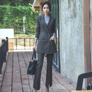 striped double-breasted long suit jacket + flared trousers suit 