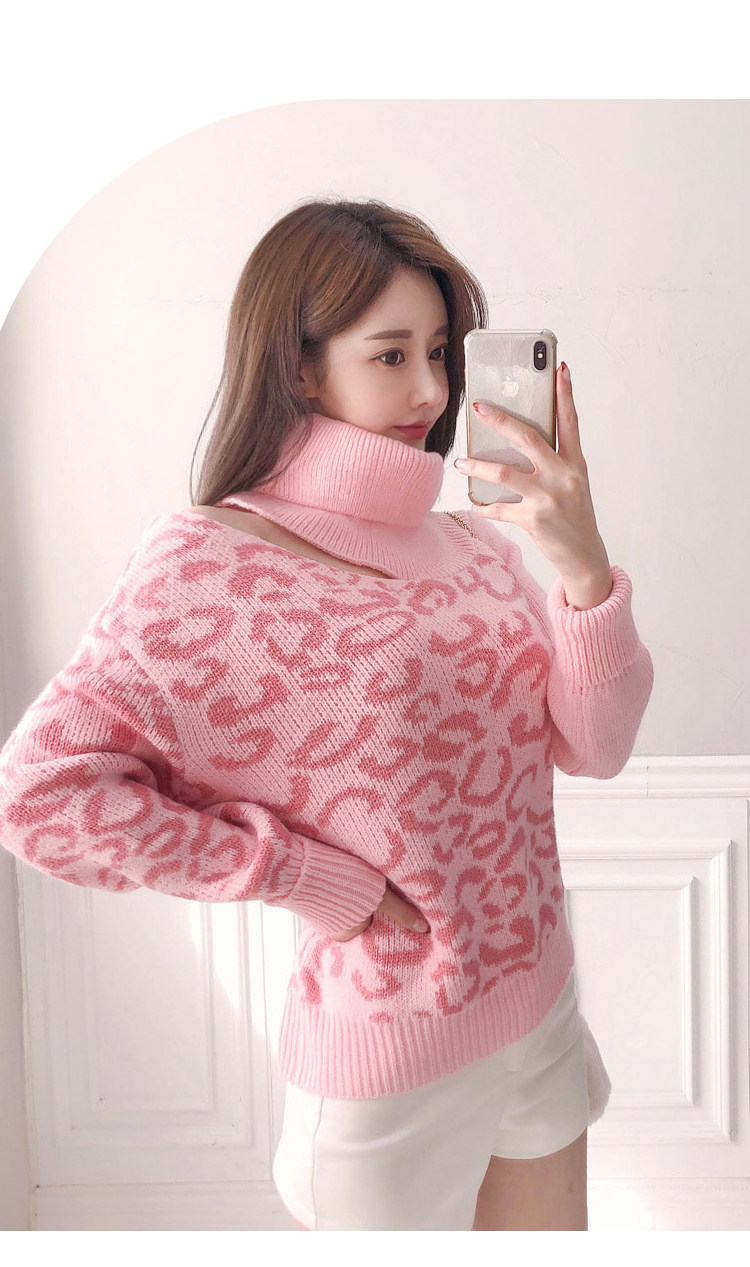 5302#毛衣2020女冬装韩版粉色豹纹不规则露肩套头长袖针织衫
