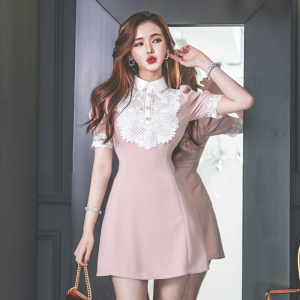 Spring Korean small Lapel Lace Panel temperament waistband slim A-line dress