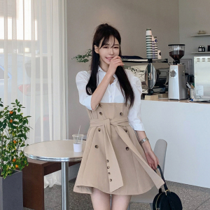 New Korean style slim fit shirt skirt waist double row button fake two A-line dresses