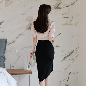 Spring and summer style hollow Lapel short sleeve shirt and side breasted buttock skirt