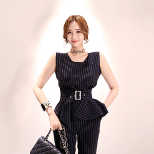 Summer Korean style belt decoration stripe sleeveless top three piece set