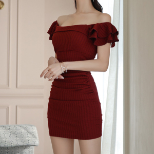 Spring and summer rib slim fit buttock half sleeve waist knit buttock dress