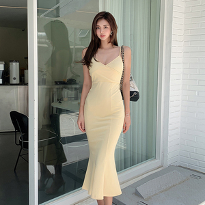 Summer Korean celebrity sling high waist slim slim mid length dress