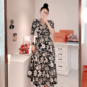 Spring and summer Korean Style Floral fit V-Neck long slit wrap dress