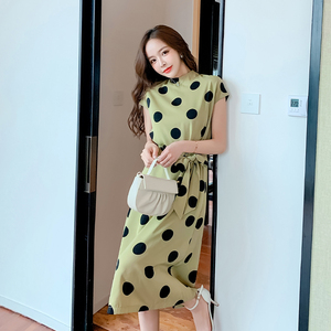 Korean version thin Avocado Green Dot Chiffon medium length lace up girlfriends dress