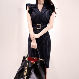 Summer Korean suit collar pleated fly sleeve double sleeve stripe wide belt dress