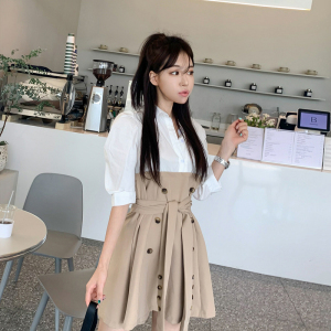 New Korean style slim fit shirt skirt waist double row button fake two A-line dresses