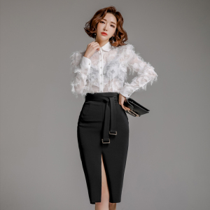 Spring style Korean fit temperament Lapel fringe shirt + belt split hip skirt