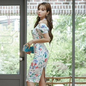 Summer Korean lace up halter neck bare shoulder and sleeve style slim flower dress