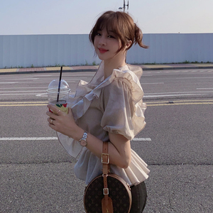 Korean summer lady sweet belt lace shirt Ruffle Stripe Shirt