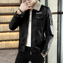 Plus velvet padded mens lamb wool collar leather jacket autumn and winter coat trend locomotive winter handsome leather jacket tide