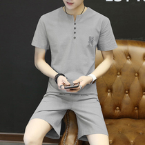 Mens suit 2021 new Korean version of the trend of summer clothes short-sleeved casual cotton and linen mens linen with a set