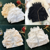 Full lace base shirt womens long sleeve gauze 2021 spring and autumn turtleneck sweater with foreign lace collar net yarn top
