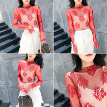 Red perspective mesh base shirt womens autumn and winter foreign air long sleeve transparent tulle high collar with thin lace top