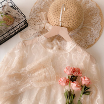 Inner lace bottoming shirt Womens autumn eyelashes stand-up collar sweet trumpet sleeve semi-high neck gauze clothes design sense mesh top